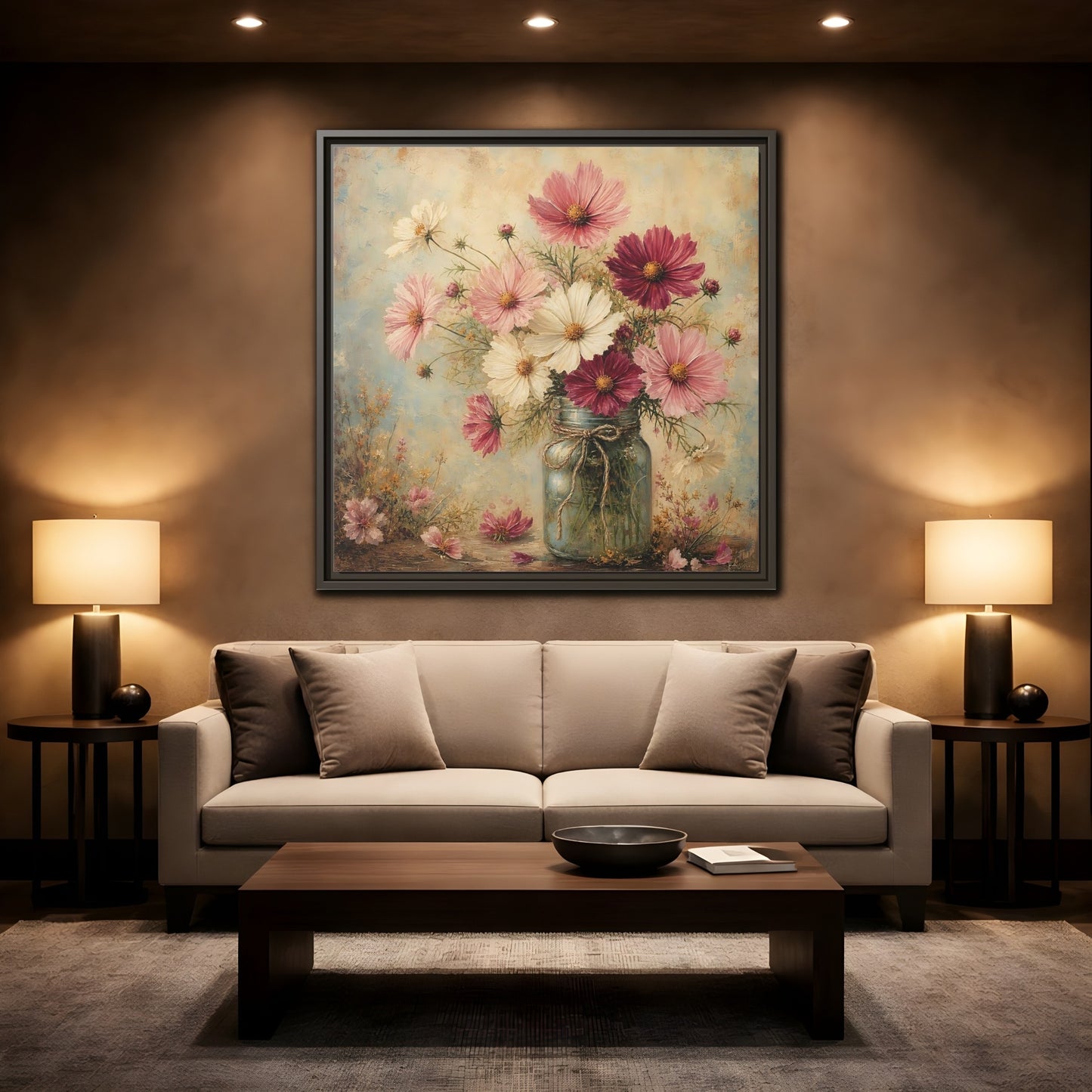 Mockup 2. Floral Cosmos Flowers Pink White Cosmos shown as stretched canvas wall art
