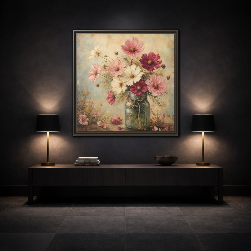 Mockup 3. Floral Cosmos Flowers Pink White Cosmos shown as stretched canvas wall art