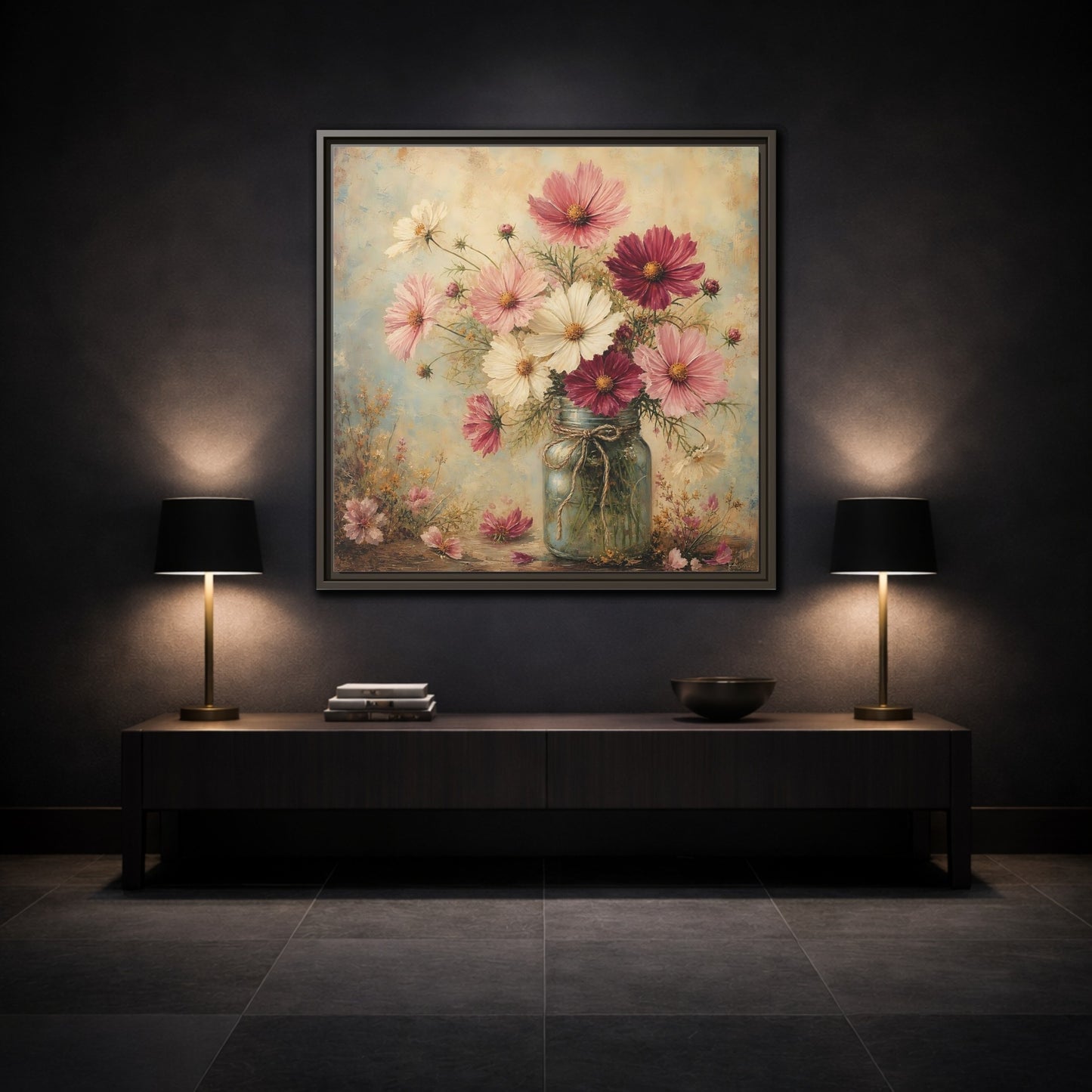 Mockup 3. Floral Cosmos Flowers Pink White Cosmos shown as stretched canvas wall art