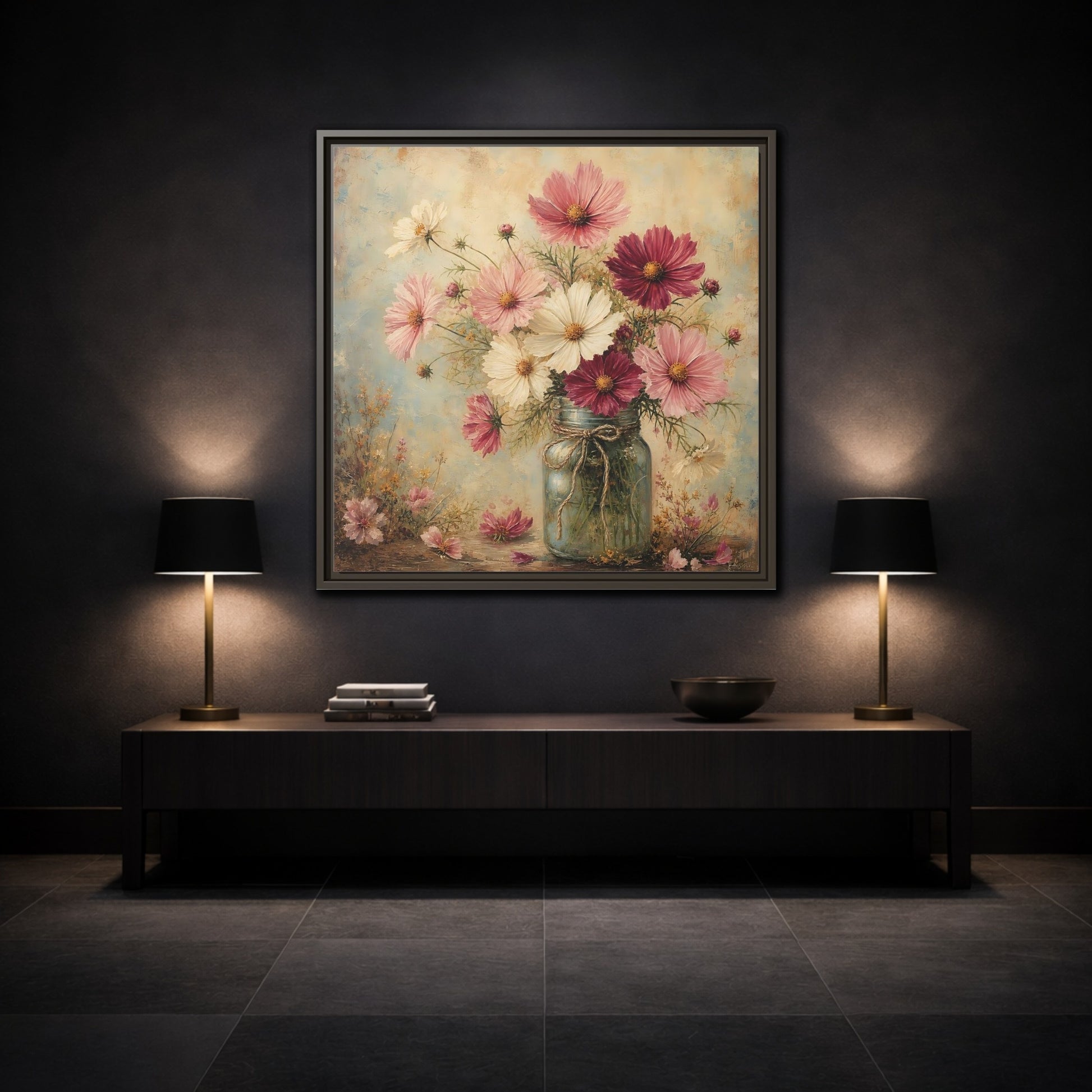 Mockup 3. Floral Cosmos Flowers Pink White Cosmos shown as stretched canvas wall art