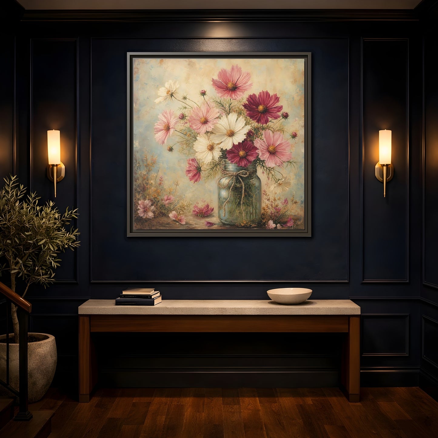 Mockup 4. Floral Cosmos Flowers Pink White Cosmos shown as stretched canvas wall art