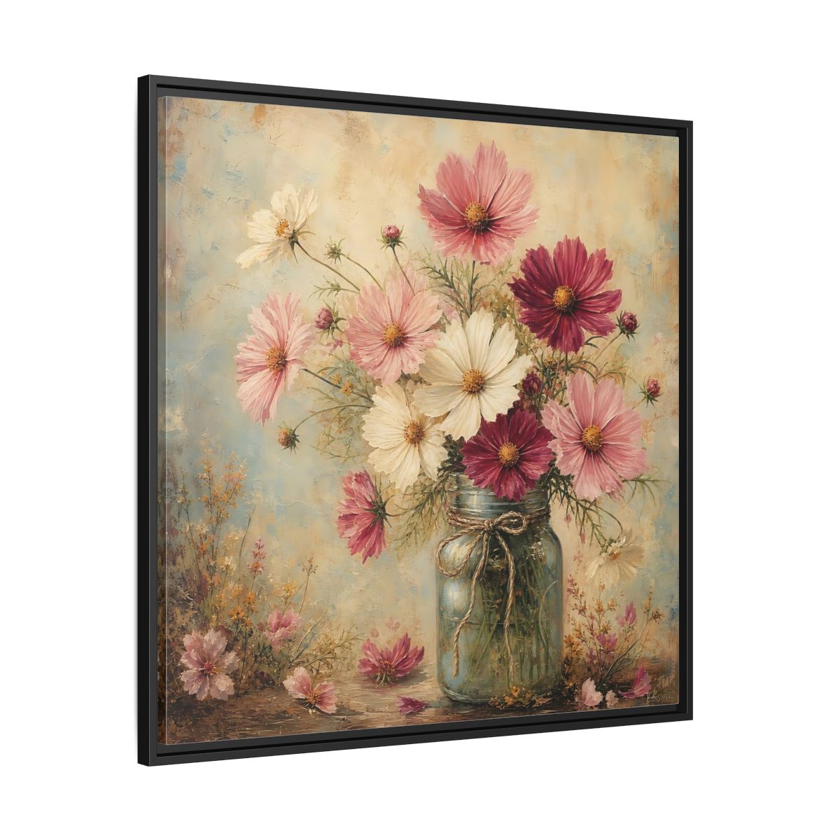 Side Mockup 30. Floral Cosmos Flowers Pink White Cosmos shown as stretched canvas wall art