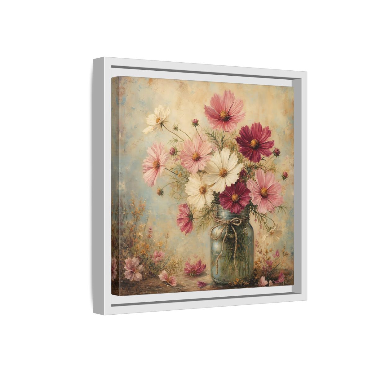 Side Mockup 16. Floral Cosmos Flowers Pink White Cosmos shown as stretched canvas wall art