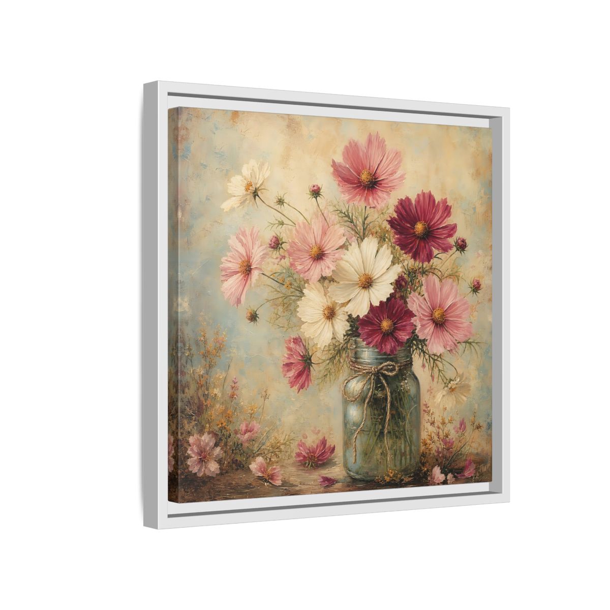 Side Mockup 13. Floral Cosmos Flowers Pink White Cosmos shown as stretched canvas wall art