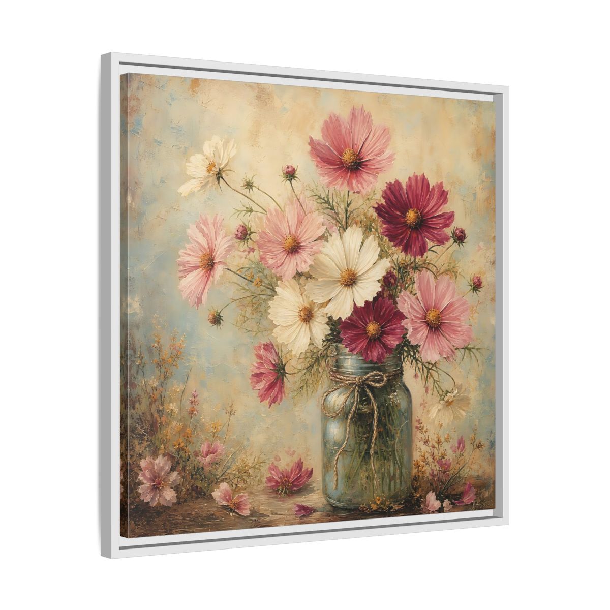 Side Mockup 26. Floral Cosmos Flowers Pink White Cosmos shown as stretched canvas wall art