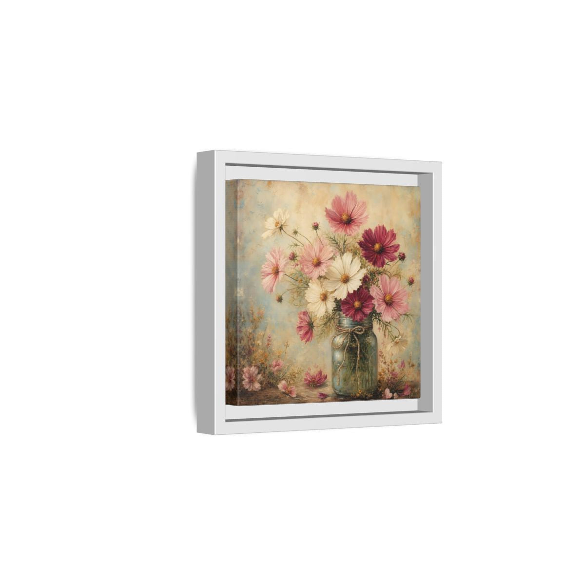 Side Mockup 1. Floral Cosmos Flowers Pink White Cosmos shown as stretched canvas wall art