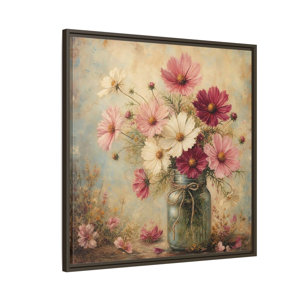 Side Mockup 8. Floral Cosmos Flowers Pink White Cosmos shown as stretched canvas wall art
