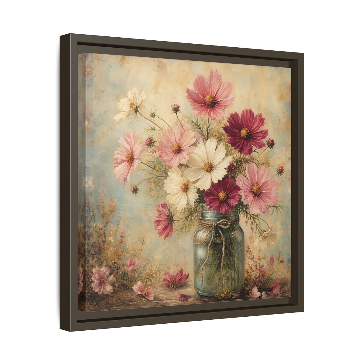 Side Mockup 29. Floral Cosmos Flowers Pink White Cosmos shown as stretched canvas wall art