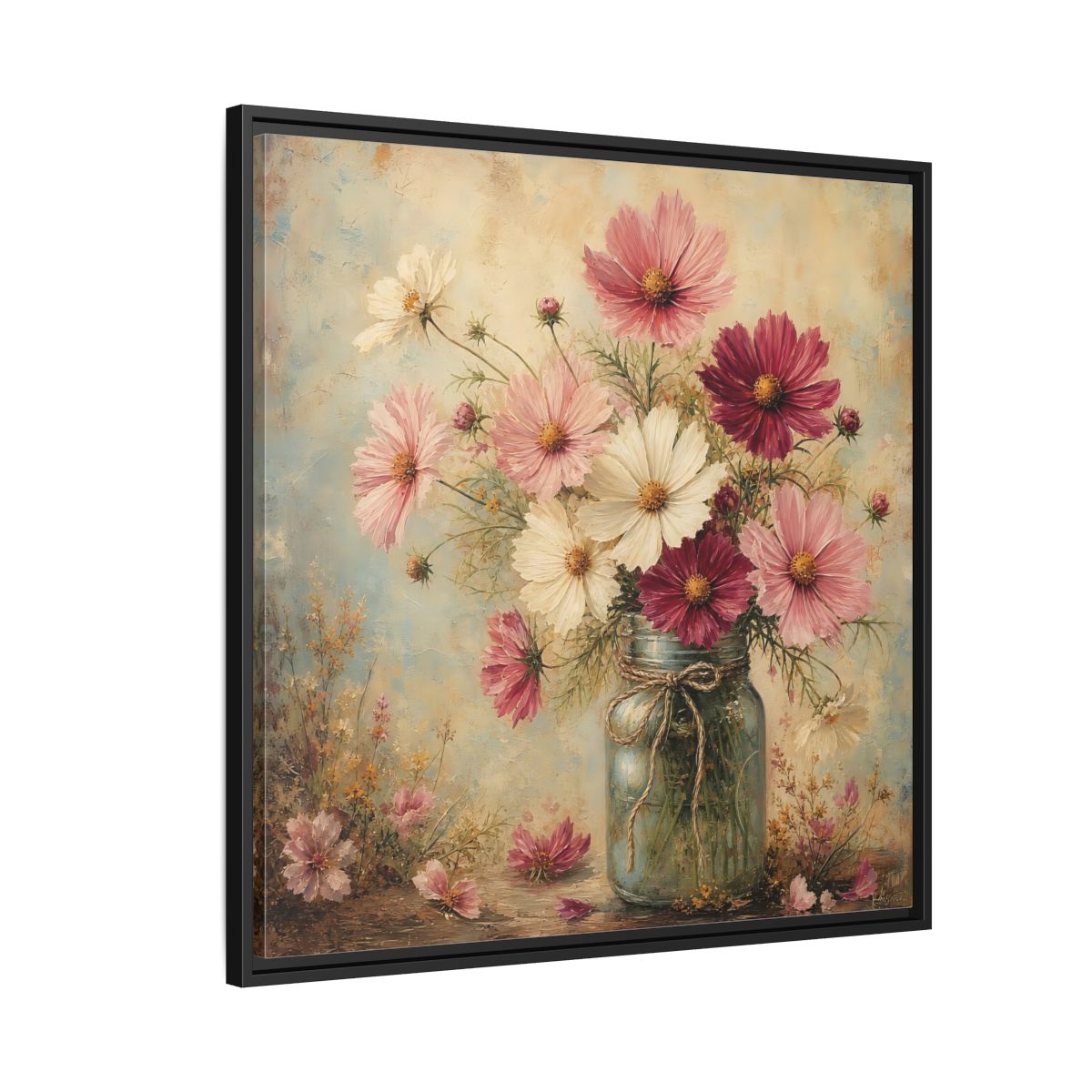Side Mockup 9. Floral Cosmos Flowers Pink White Cosmos shown as stretched canvas wall art