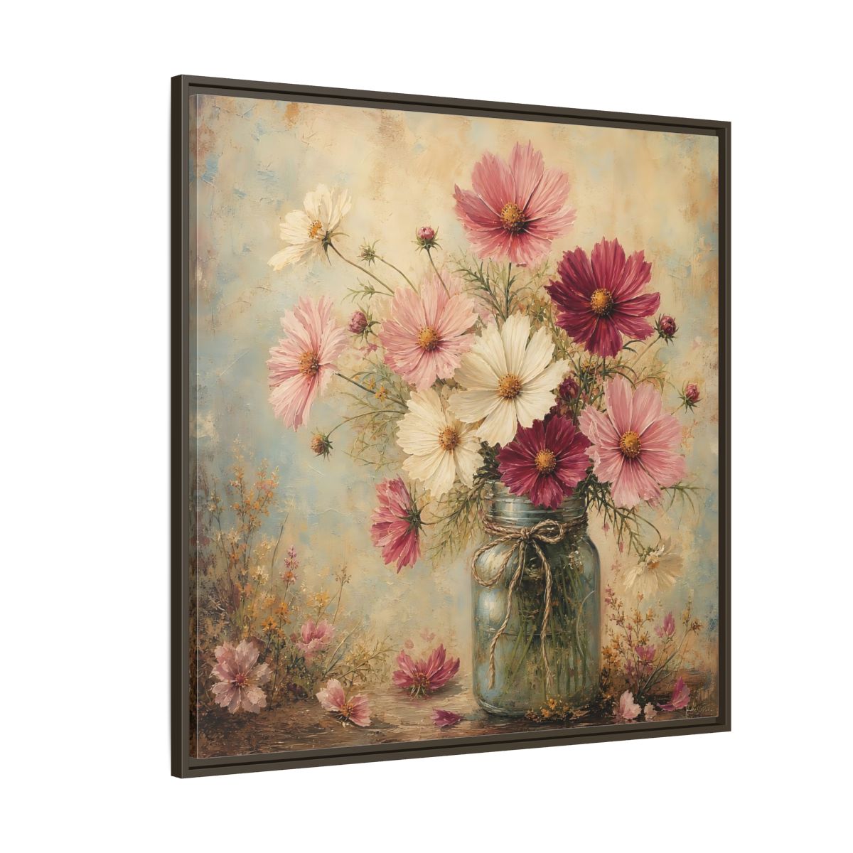 Side Mockup 5. Floral Cosmos Flowers Pink White Cosmos shown as stretched canvas wall art