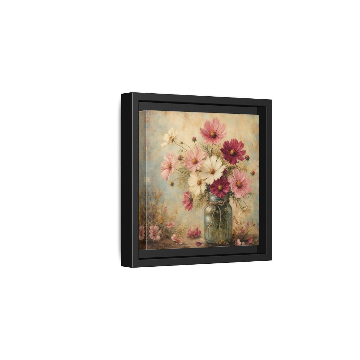 Side Mockup 3. Floral Cosmos Flowers Pink White Cosmos shown as stretched canvas wall art