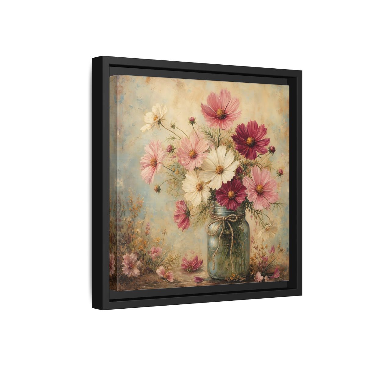 Side Mockup 18. Floral Cosmos Flowers Pink White Cosmos shown as stretched canvas wall art