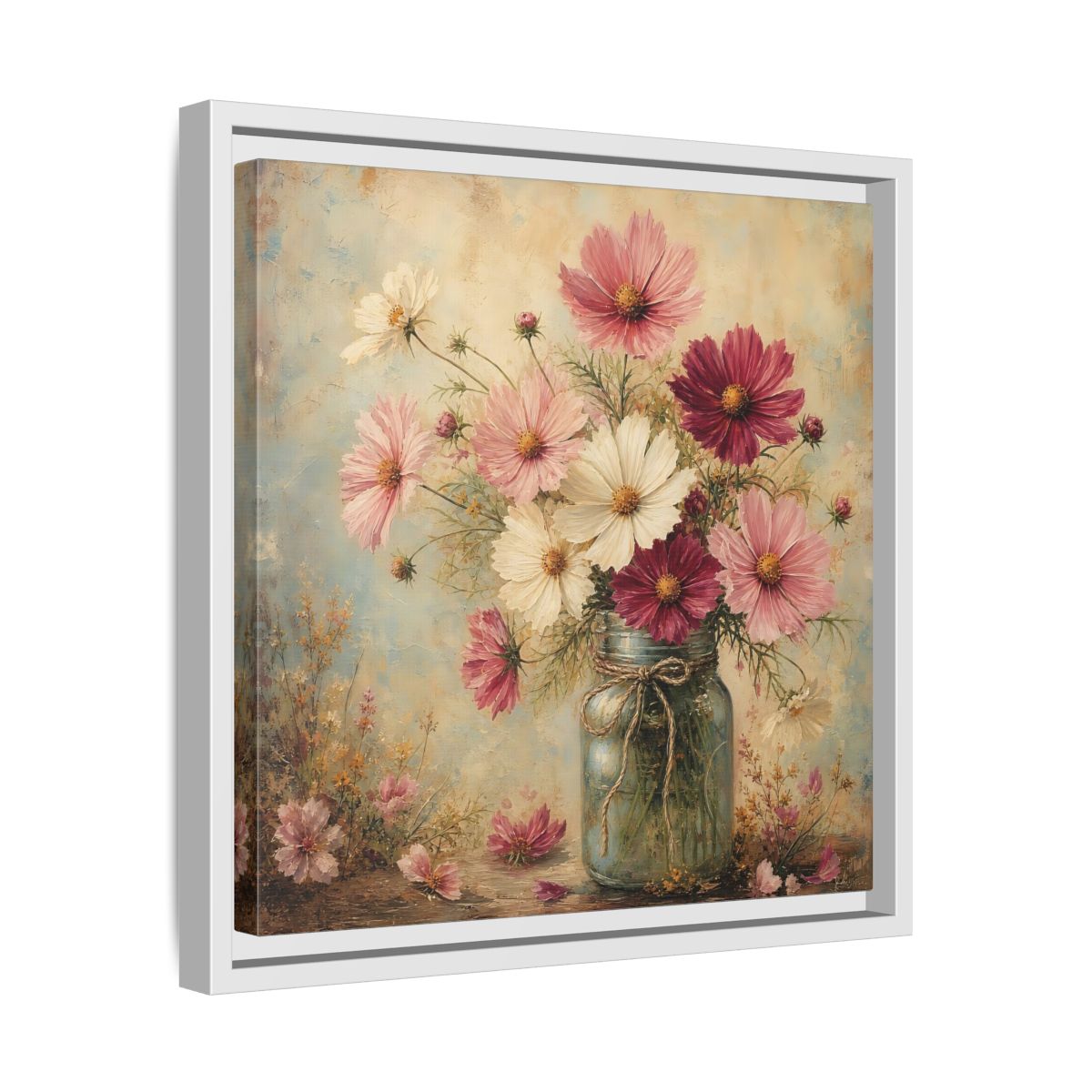 Side Mockup 28. Floral Cosmos Flowers Pink White Cosmos shown as stretched canvas wall art