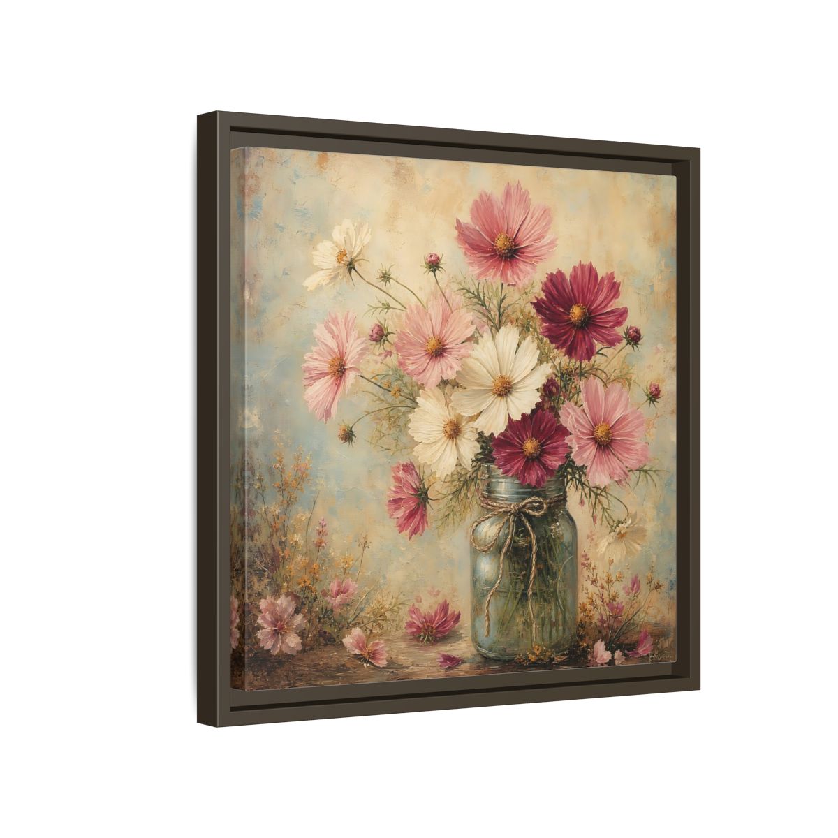 Side Mockup 14. Floral Cosmos Flowers Pink White Cosmos shown as stretched canvas wall art