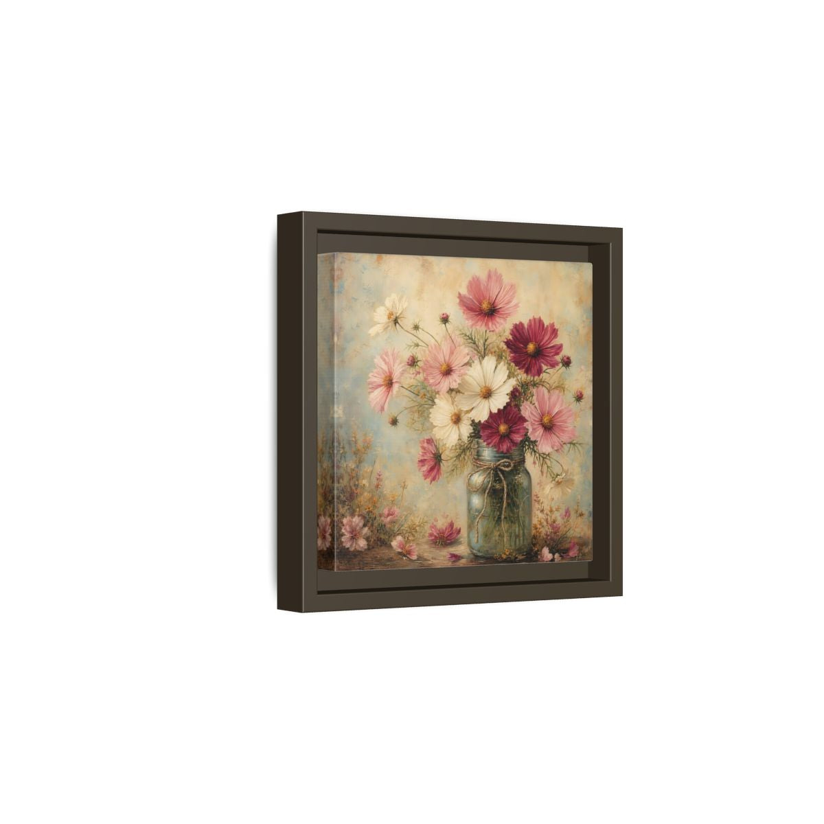 Side Mockup 2. Floral Cosmos Flowers Pink White Cosmos shown as stretched canvas wall art
