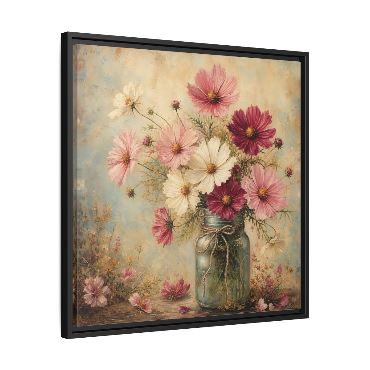 Side Mockup 31. Floral Cosmos Flowers Pink White Cosmos shown as stretched canvas wall art