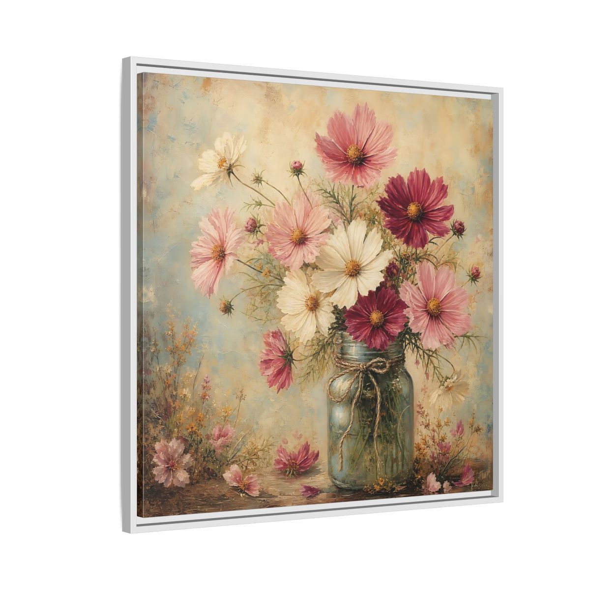 Side Mockup 7. Floral Cosmos Flowers Pink White Cosmos shown as stretched canvas wall art