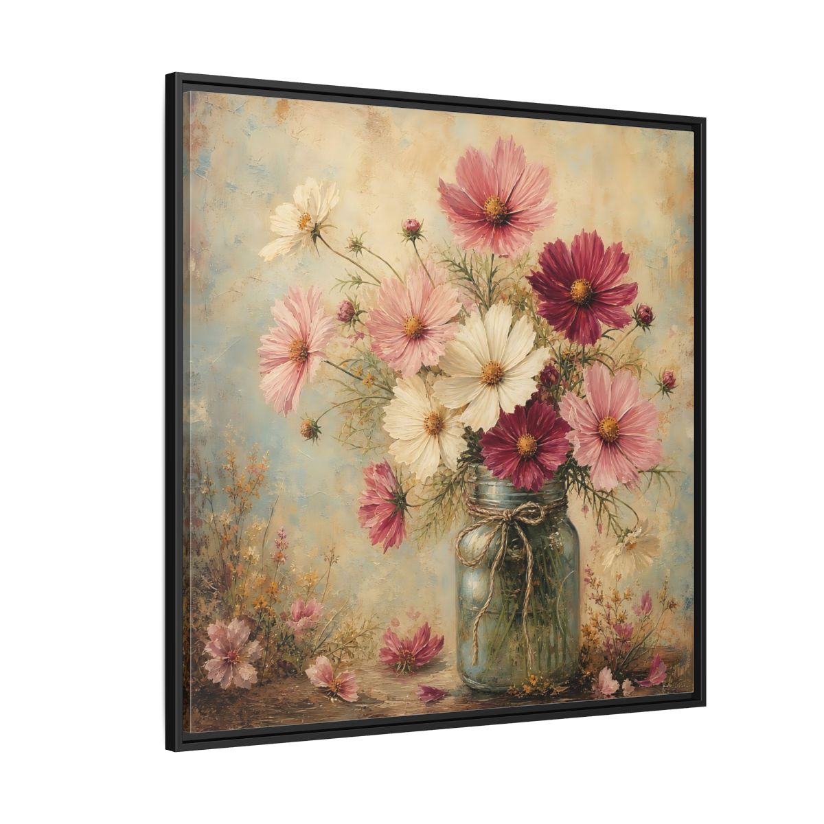 Side Mockup 6. Floral Cosmos Flowers Pink White Cosmos shown as stretched canvas wall art