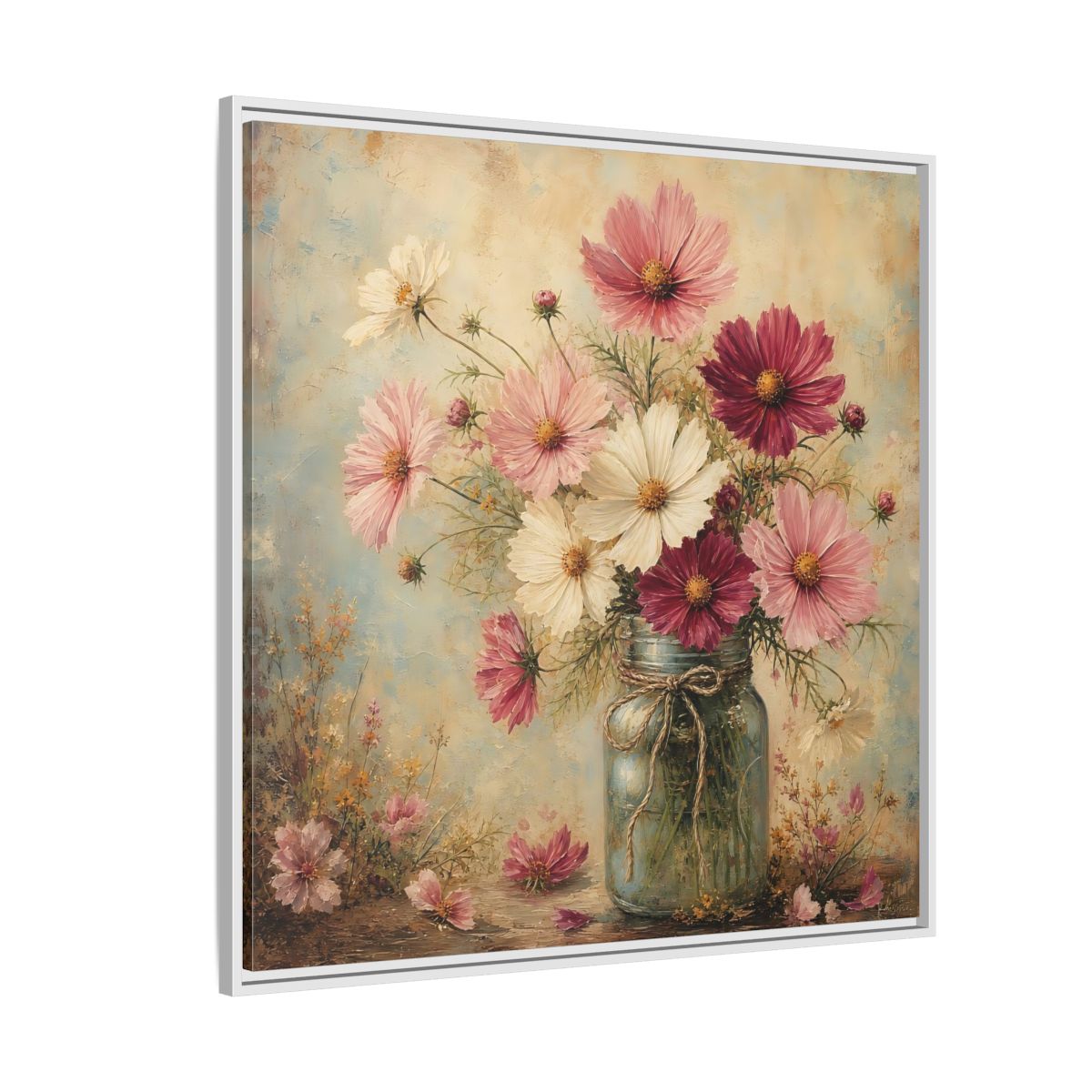 Side Mockup 4. Floral Cosmos Flowers Pink White Cosmos shown as stretched canvas wall art