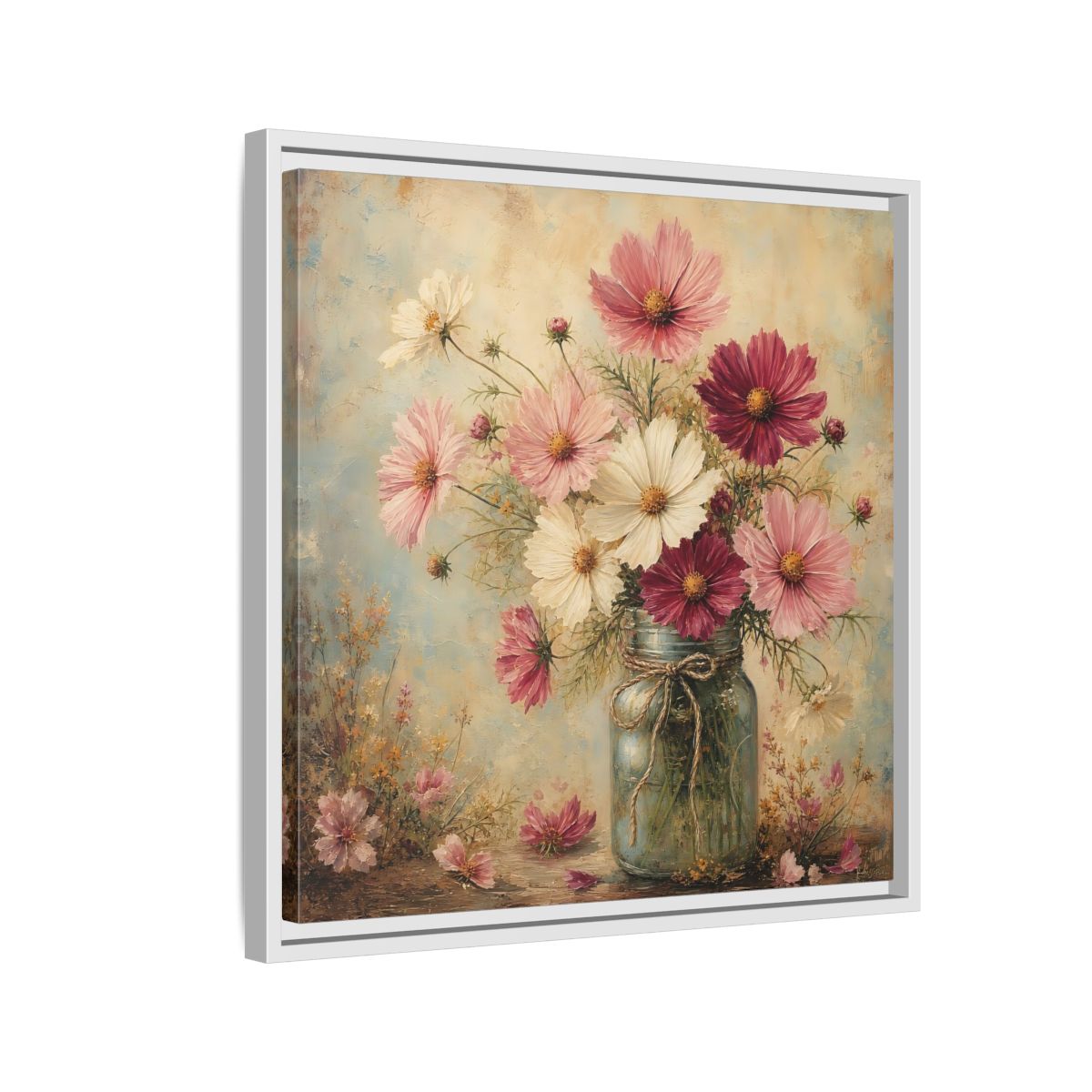 Side Mockup 10. Floral Cosmos Flowers Pink White Cosmos shown as stretched canvas wall art