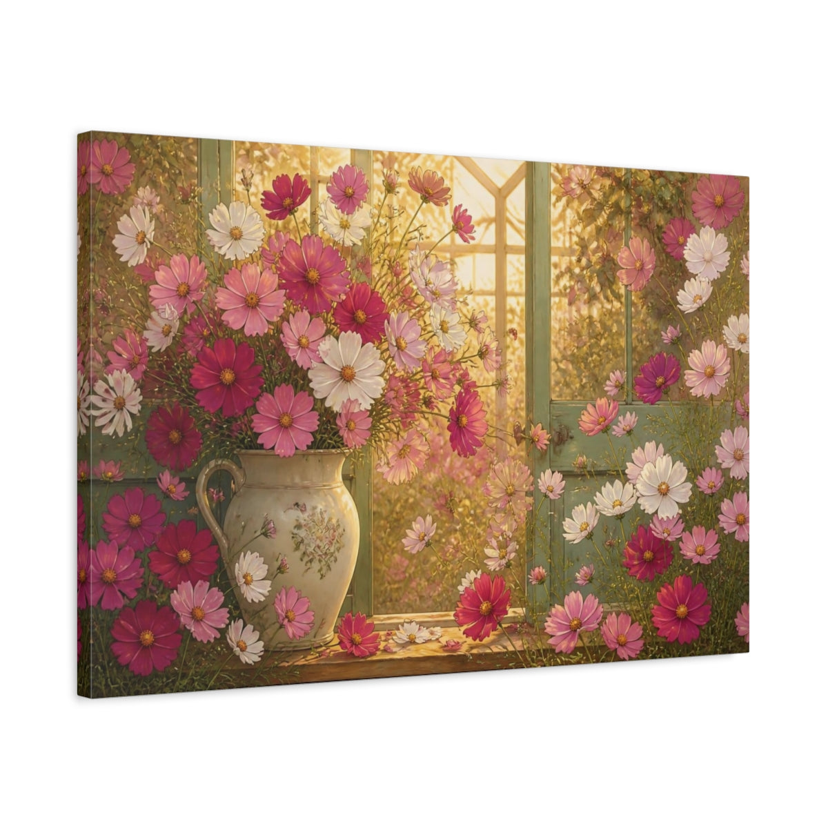 Side Mockup 2. Floral Cosmos Window Bouquet shown as canvas print
