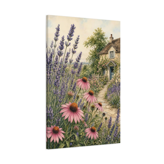 Main Mockup. Floral Cottage Garden Lavender Pink Garden shown as stretched canvas wall art