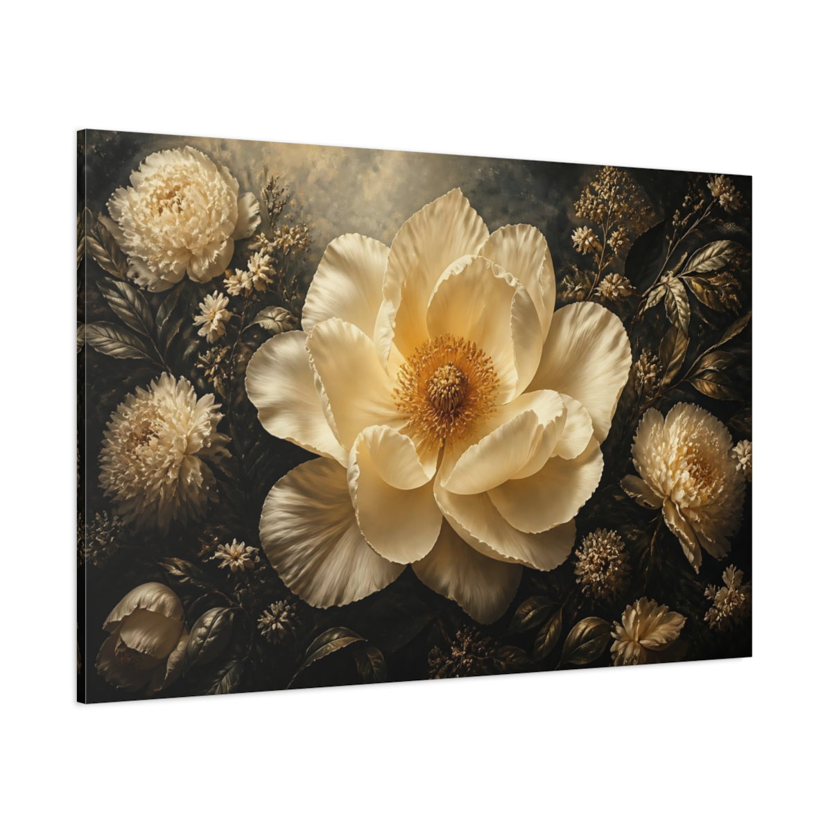 Side Mockup 1. Floral Cream Peony shown as canvas print