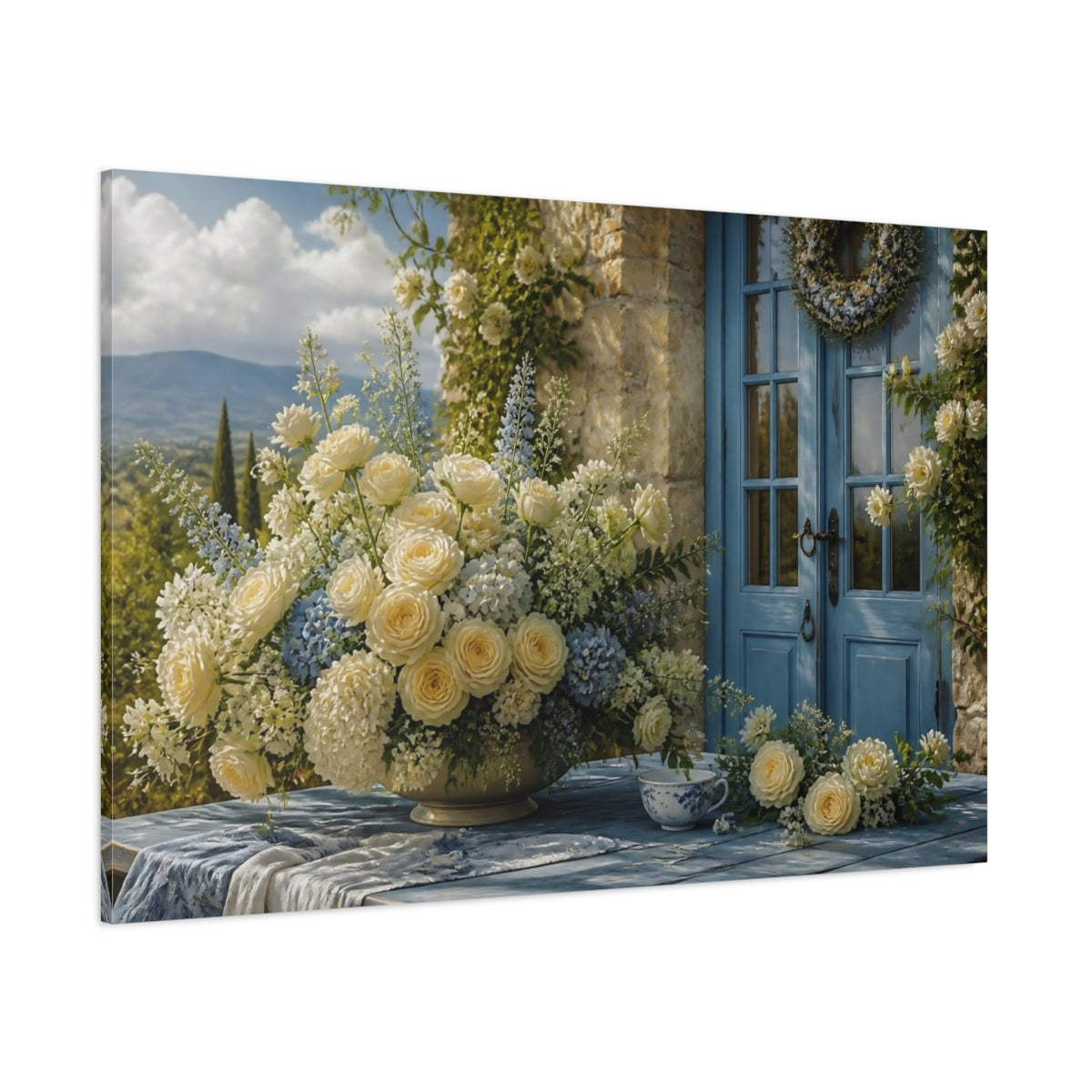 Side Mockup 1. Floral Cream Roses Bouquet shown as canvas print