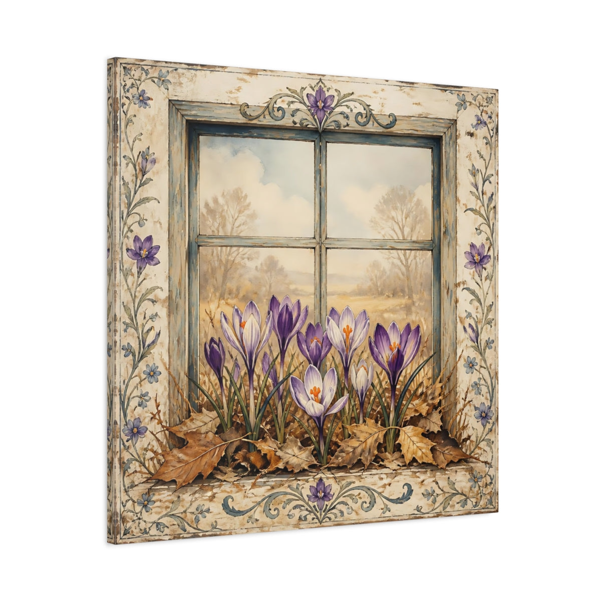 Main Mockup. Floral Crocus Flowers Purple Crocus Window shown as stretched canvas wall art