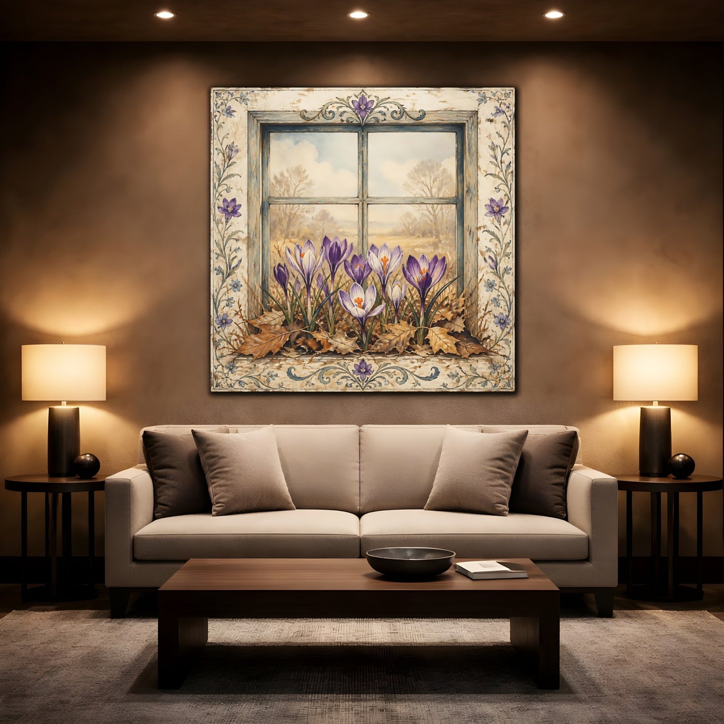 Mockup 2. Floral Crocus Flowers Purple Crocus Window shown as stretched canvas wall art