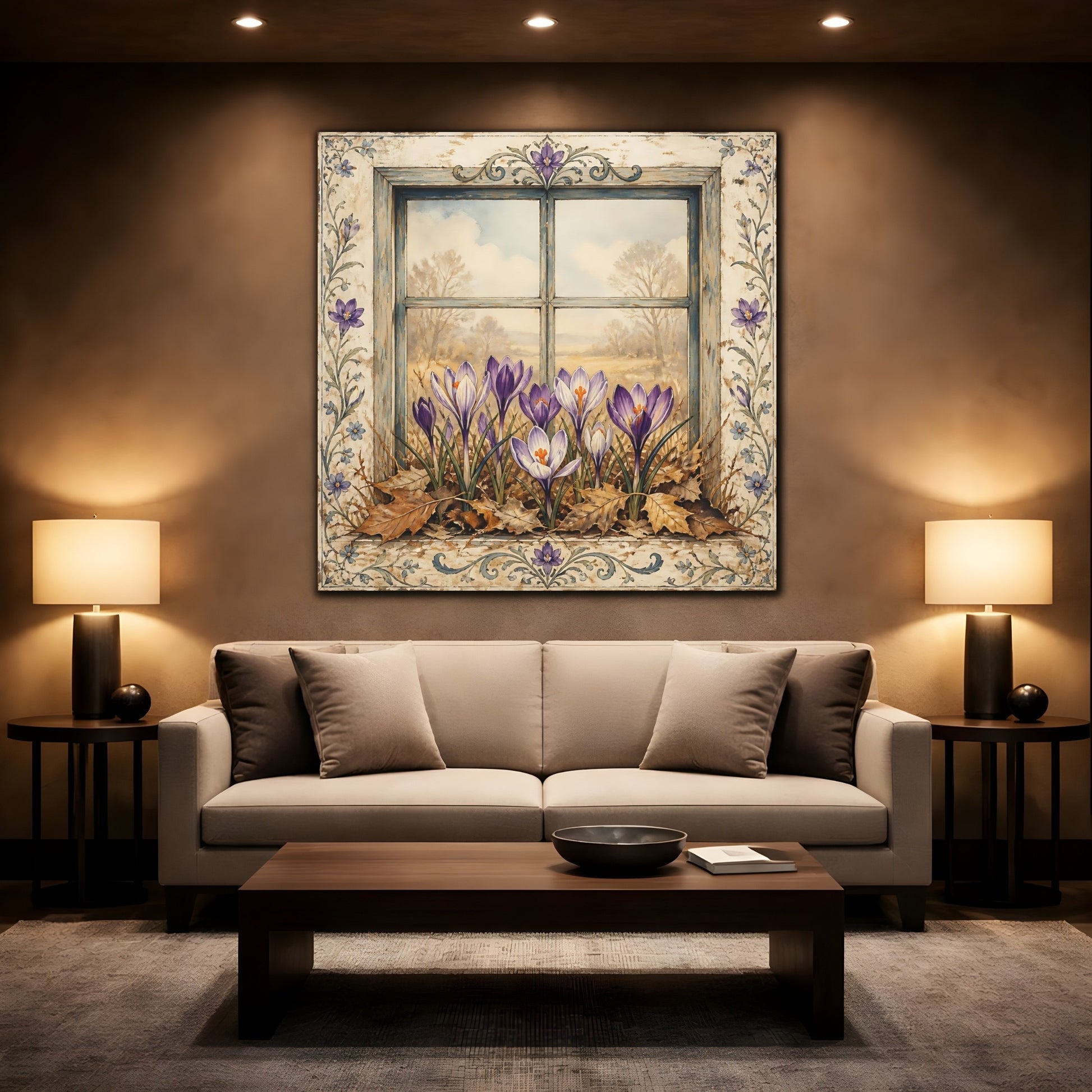Mockup 2. Floral Crocus Flowers Purple Crocus Window shown as stretched canvas wall art