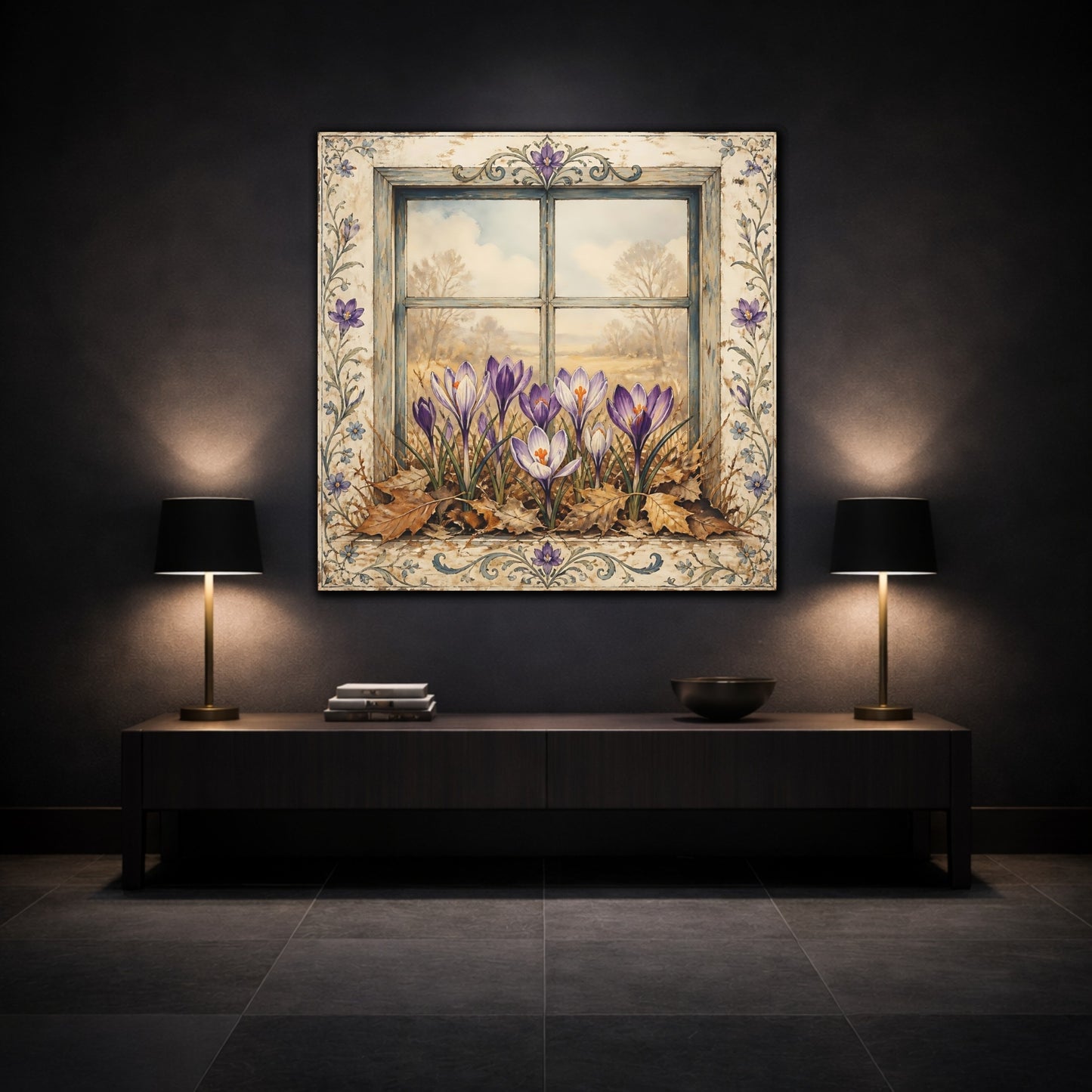 Mockup 3. Floral Crocus Flowers Purple Crocus Window shown as stretched canvas wall art