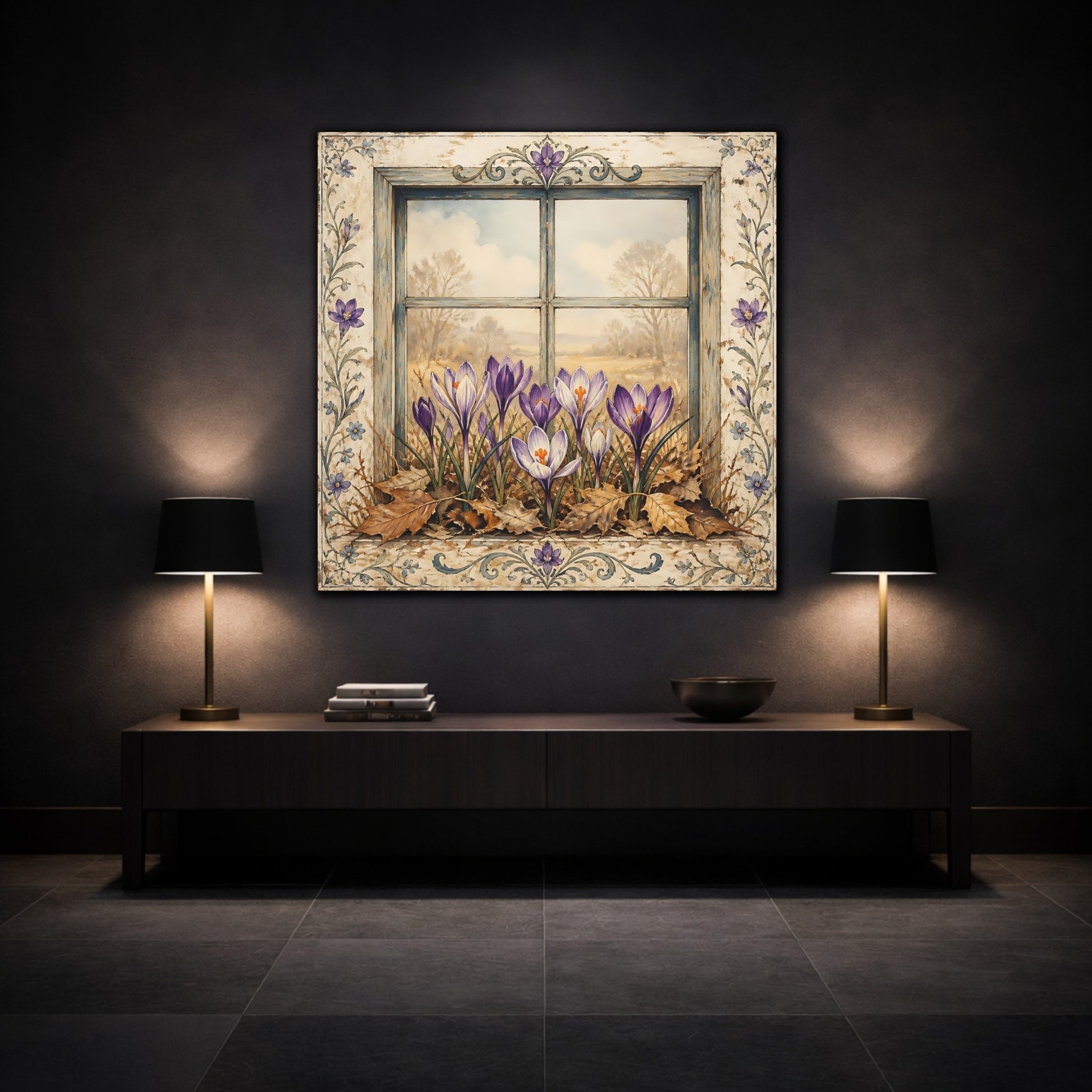 Mockup 3. Floral Crocus Flowers Purple Crocus Window shown as stretched canvas wall art