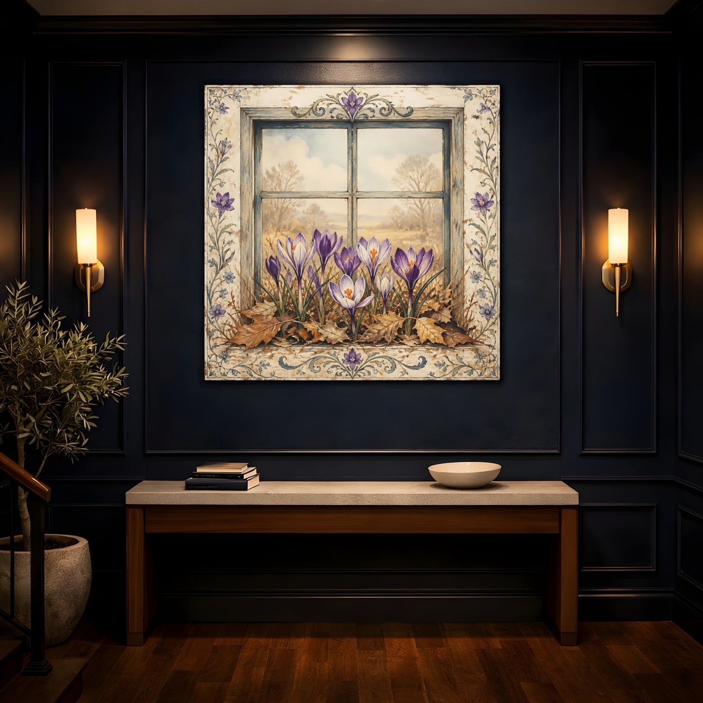 Mockup 4. Floral Crocus Flowers Purple Crocus Window shown as stretched canvas wall art