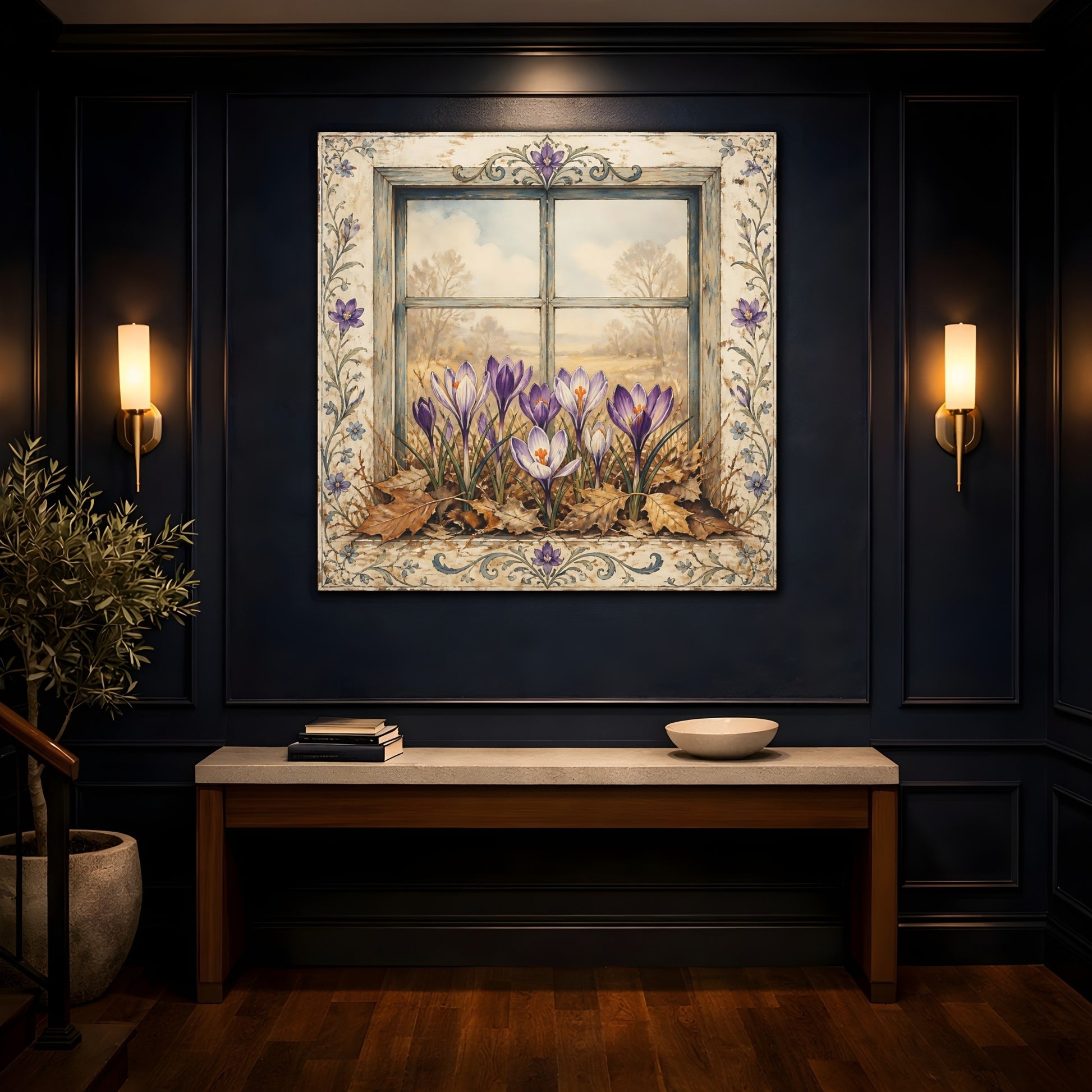Mockup 4. Floral Crocus Flowers Purple Crocus Window shown as stretched canvas wall art