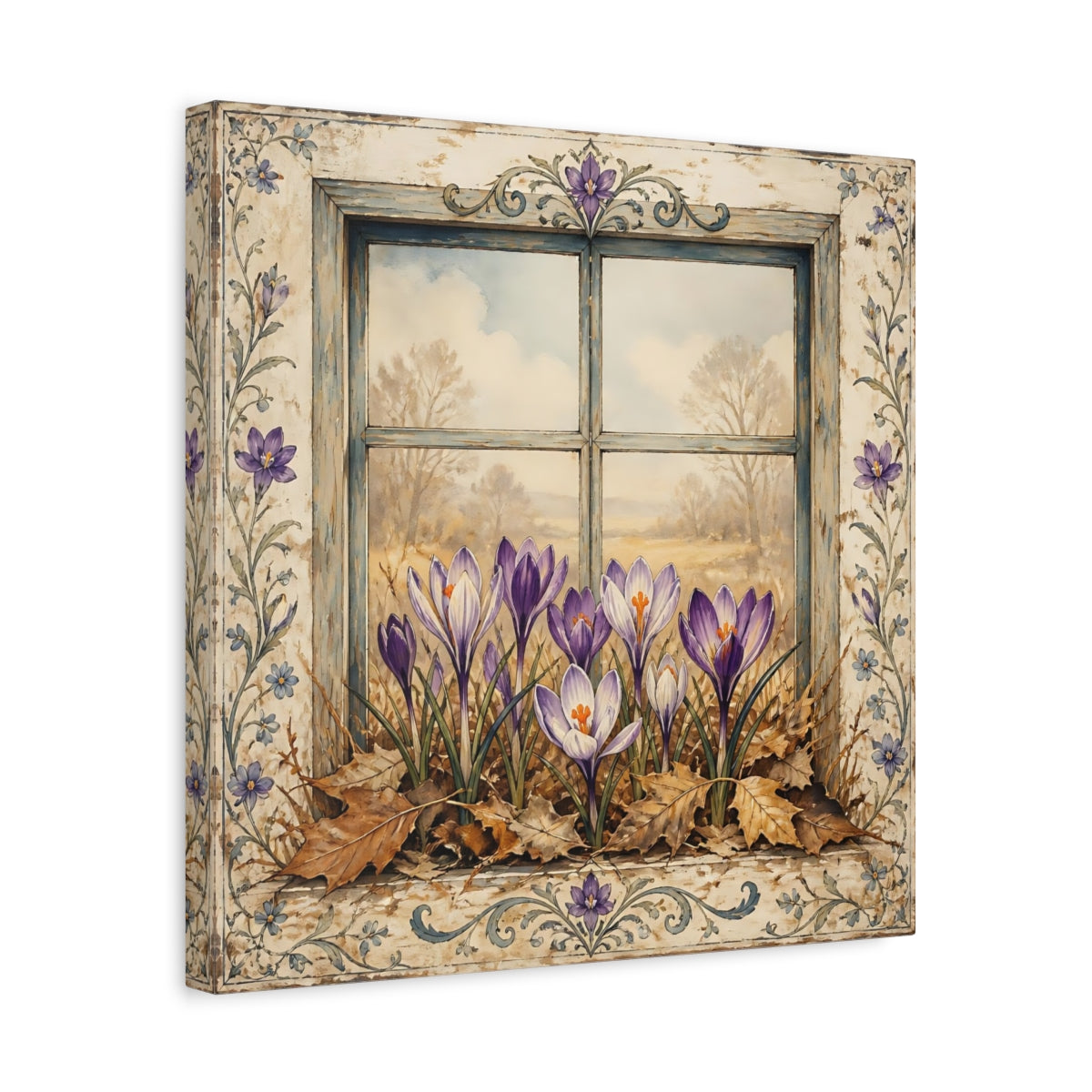 Side Mockup 6. Floral Crocus Flowers Purple Crocus Window shown as stretched canvas wall art