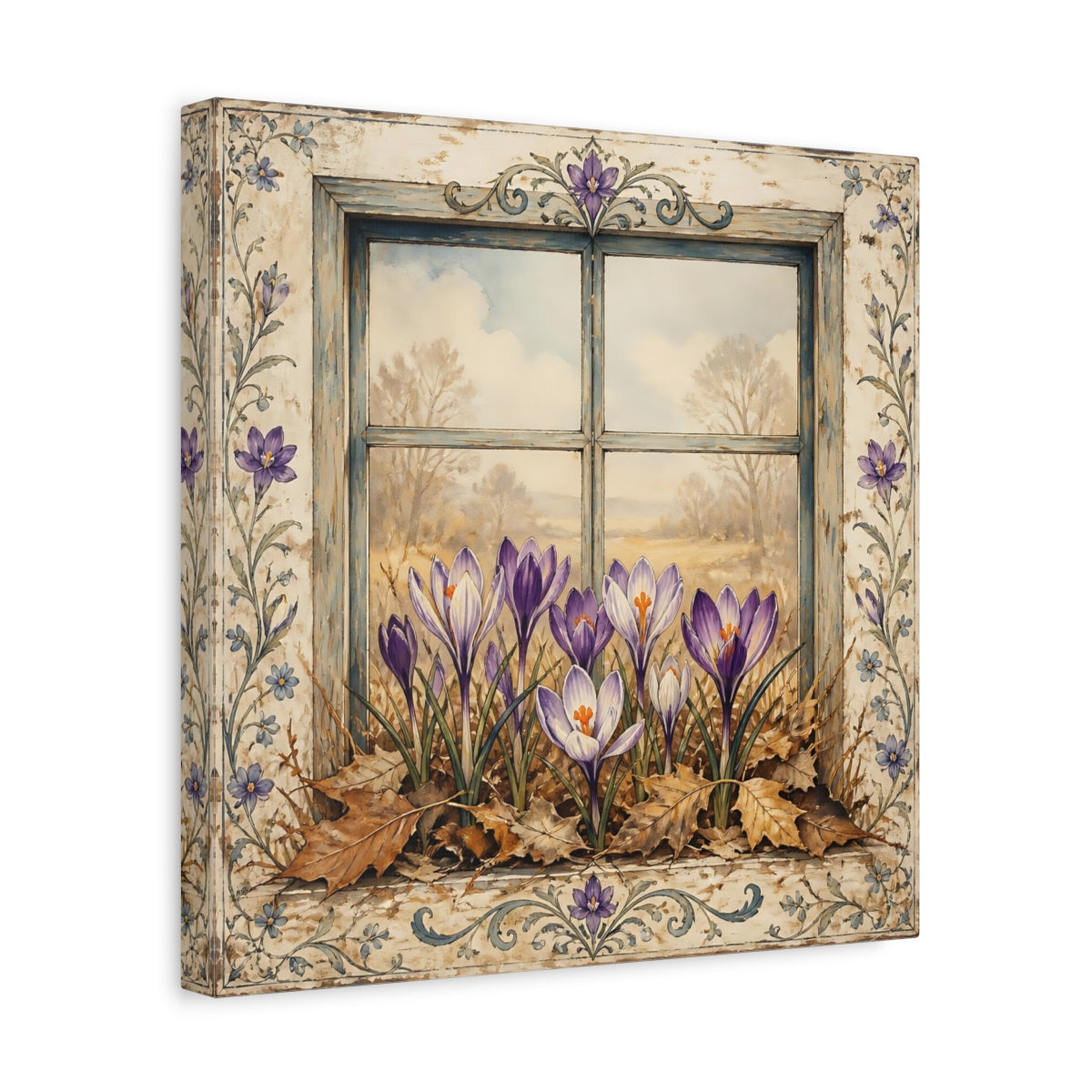 Side Mockup 7. Floral Crocus Flowers Purple Crocus Window shown as stretched canvas wall art