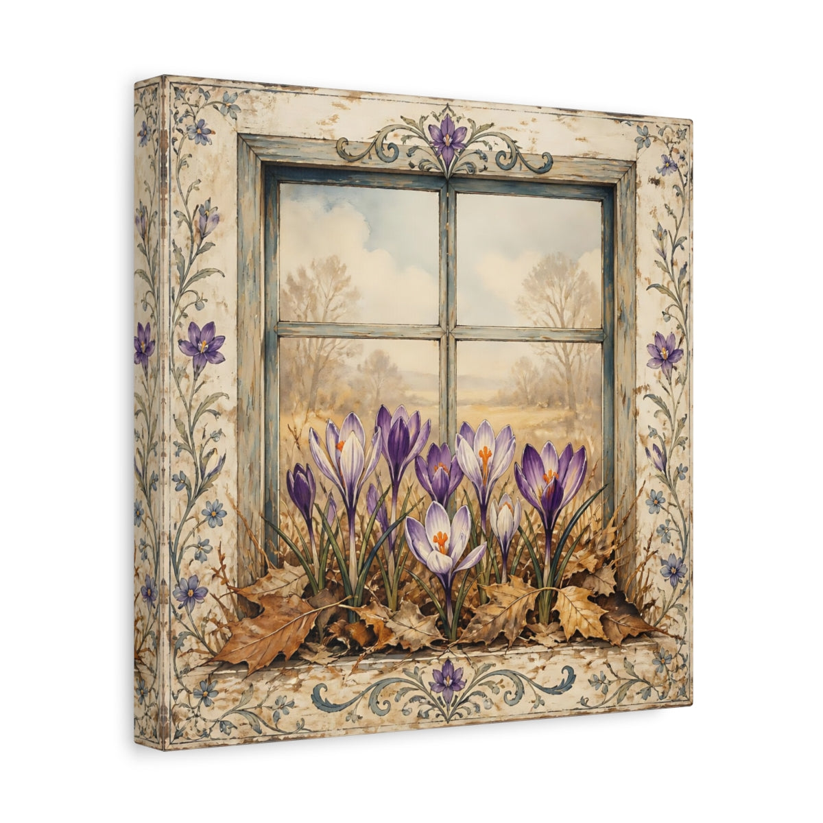 Side Mockup 8. Floral Crocus Flowers Purple Crocus Window shown as stretched canvas wall art