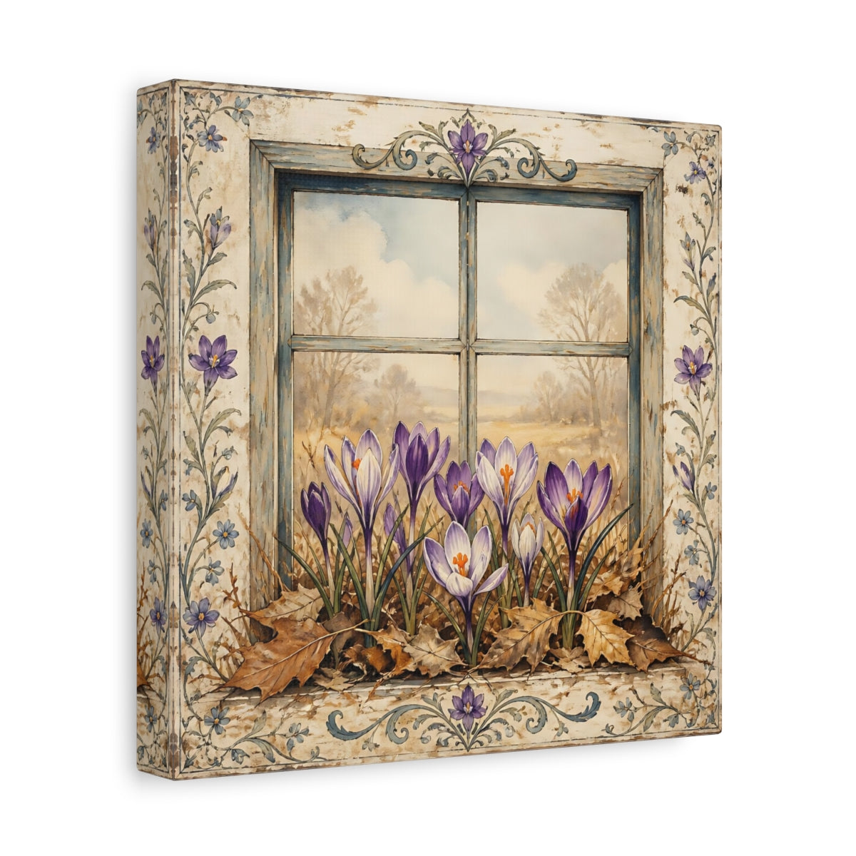 Side Mockup 9. Floral Crocus Flowers Purple Crocus Window shown as stretched canvas wall art