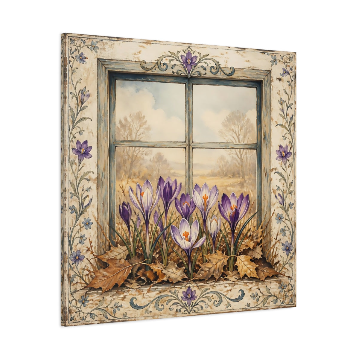 Side Mockup 1. Floral Crocus Flowers Purple Crocus Window shown as stretched canvas wall art