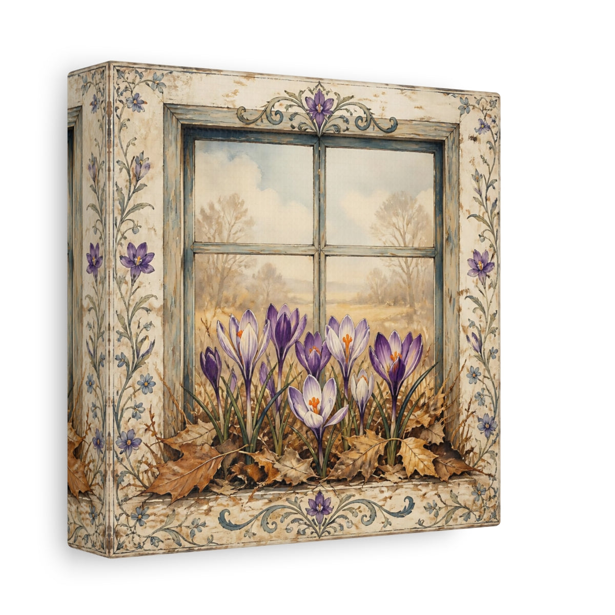 Side Mockup 2. Floral Crocus Flowers Purple Crocus Window shown as stretched canvas wall art