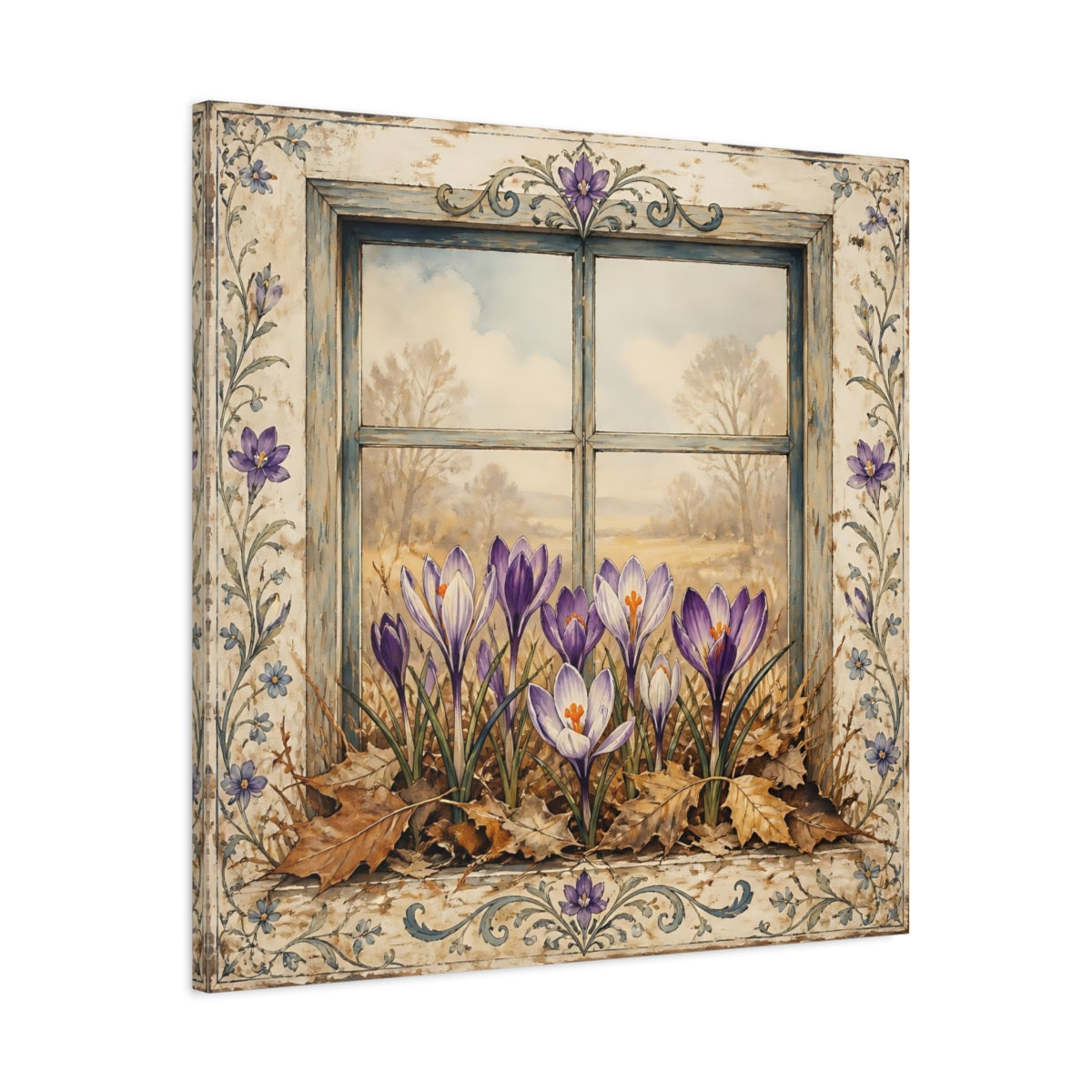 Side Mockup 3. Floral Crocus Flowers Purple Crocus Window shown as stretched canvas wall art