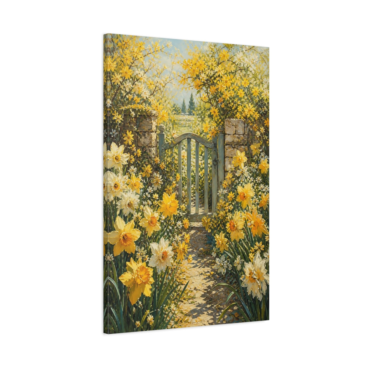 Main Mockup. Floral Daffodil Garden Yellow Garden Gate shown as stretched canvas wall art
