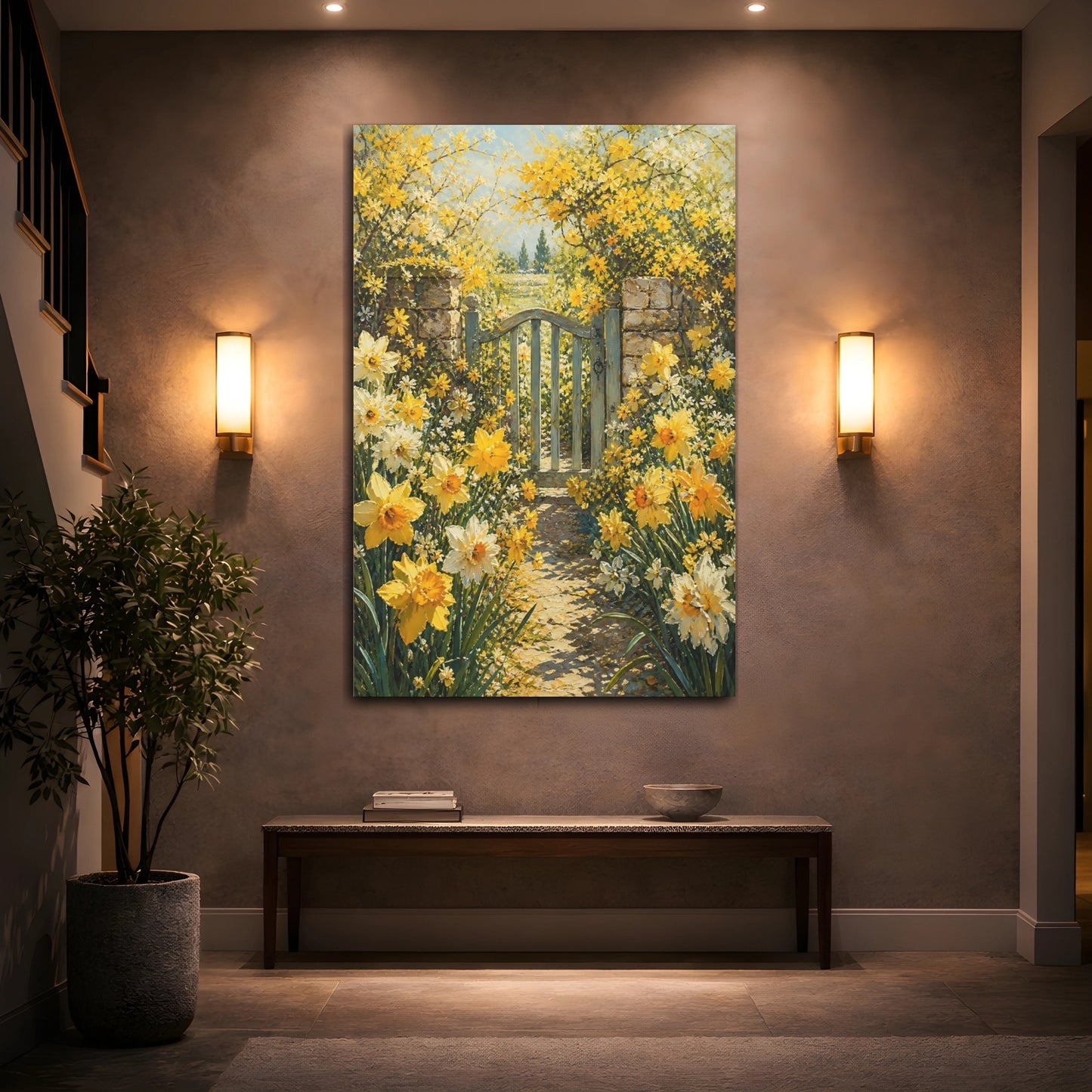Mockup 2. Floral Daffodil Garden Yellow Garden Gate shown as stretched canvas wall art