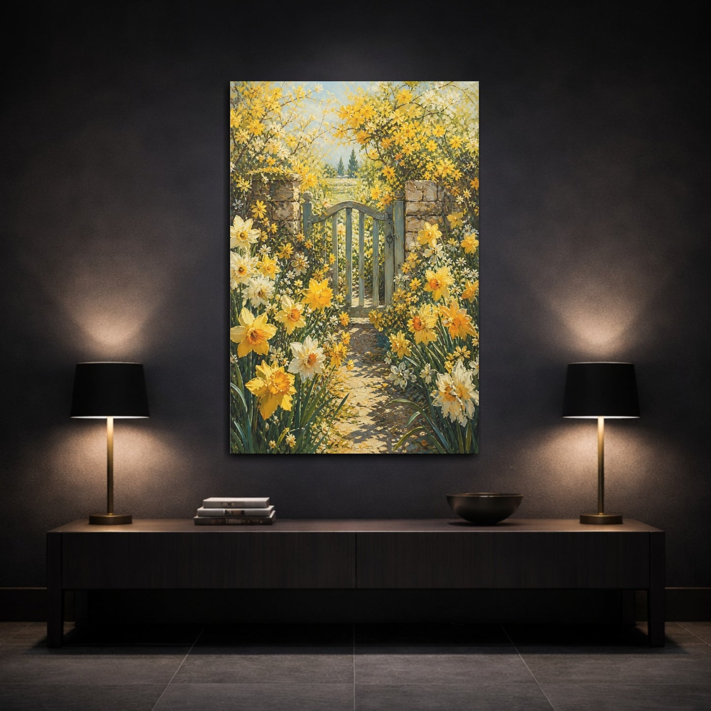 Mockup 3. Floral Daffodil Garden Yellow Garden Gate shown as stretched canvas wall art