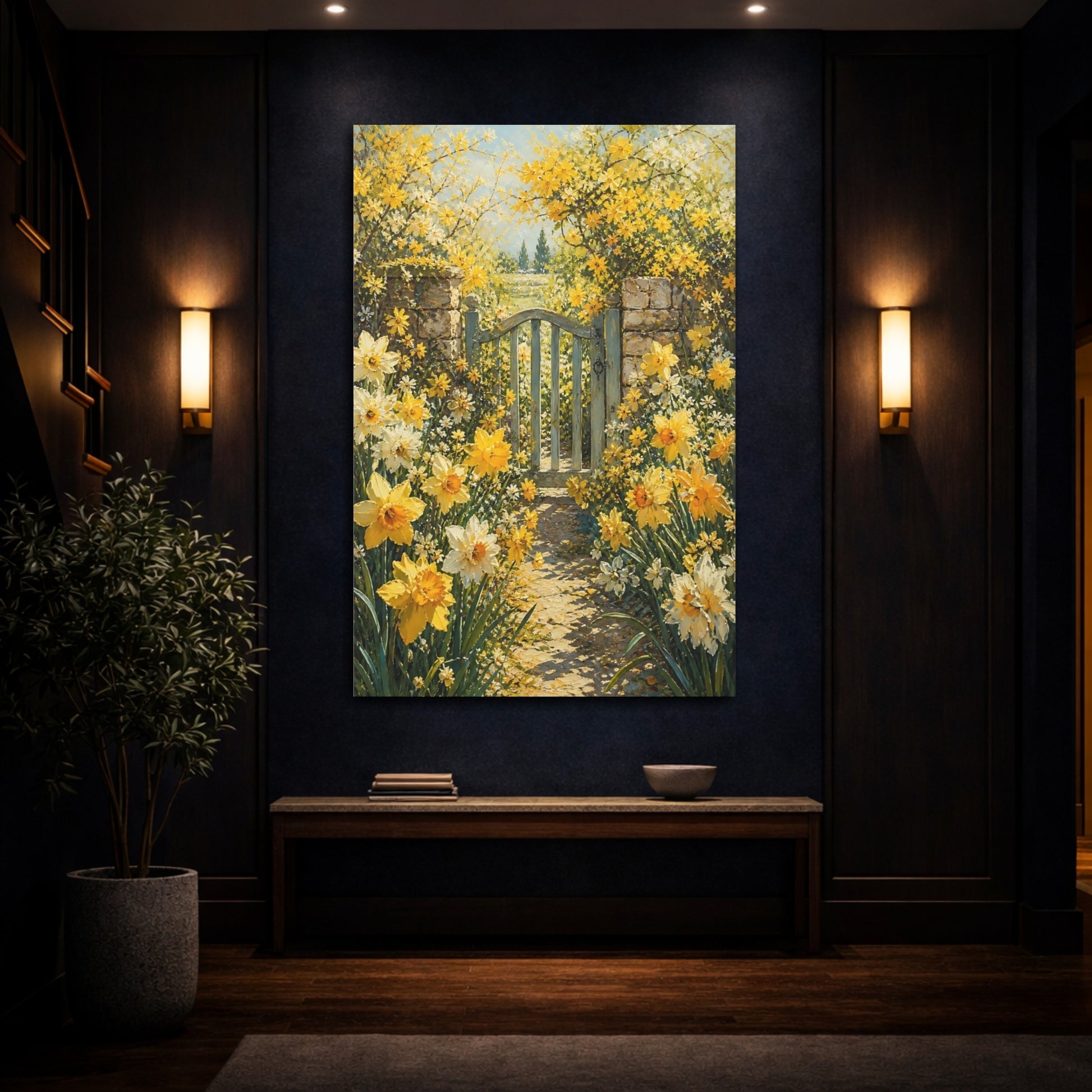 Mockup 4. Floral Daffodil Garden Yellow Garden Gate shown as stretched canvas wall art