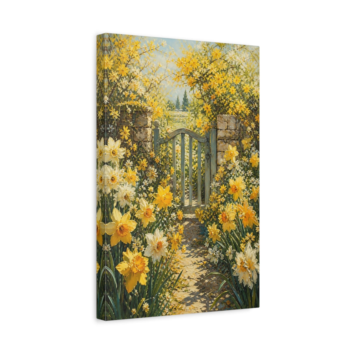 Side Mockup 4. Floral Daffodil Garden Yellow Garden Gate shown as stretched canvas wall art