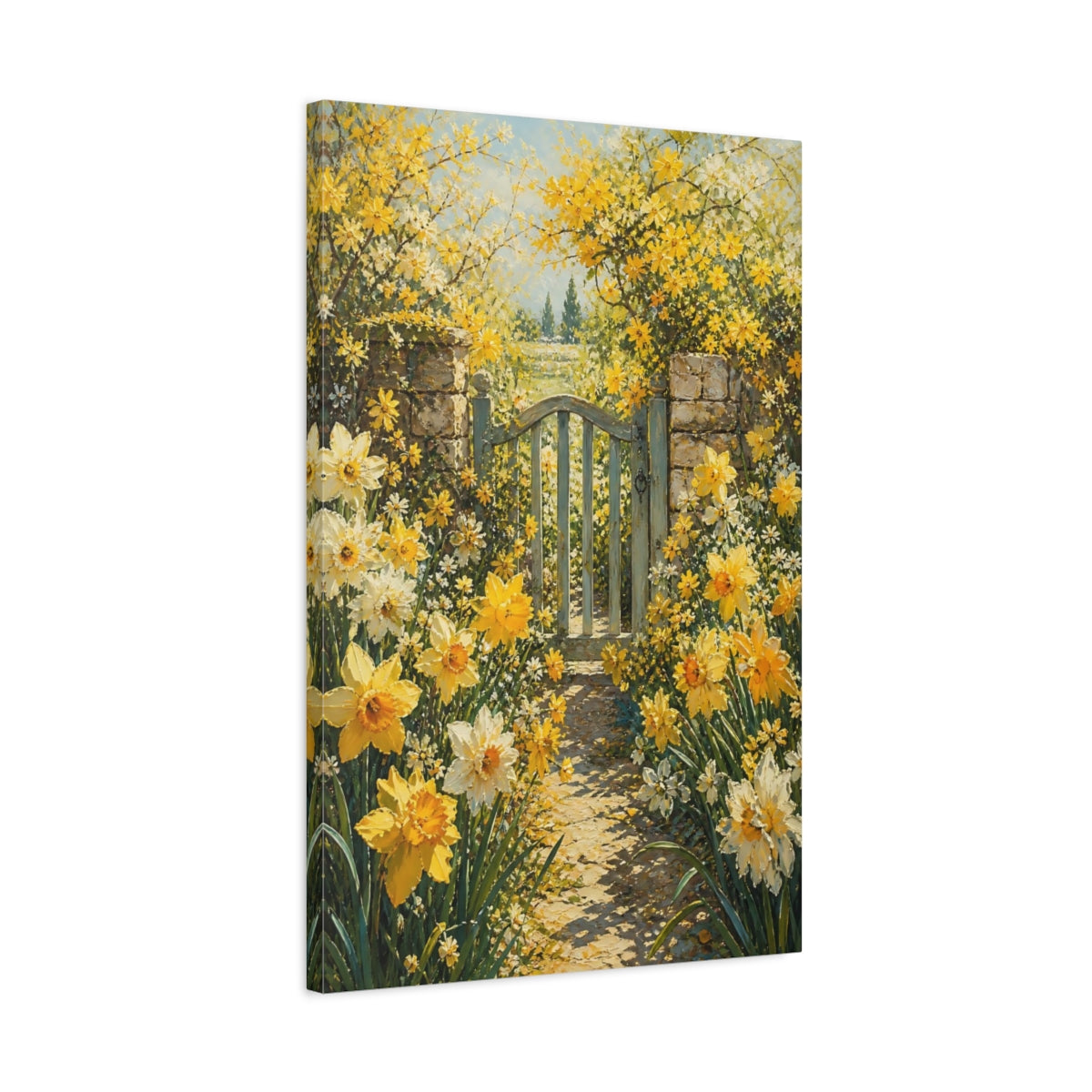 Side Mockup 2. Floral Daffodil Garden Yellow Garden Gate shown as stretched canvas wall art