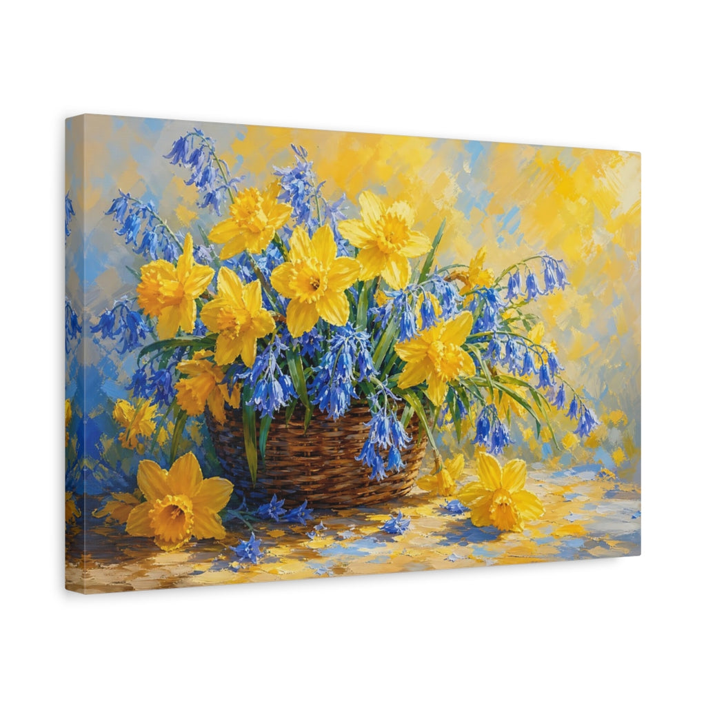 Side Mockup 4. Floral Daffodils Bluebells Yellow And Blue Flowers shown as stretched canvas wall art