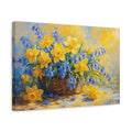Side Mockup 4. Floral Daffodils Bluebells Yellow And Blue Flowers shown as stretched canvas wall art